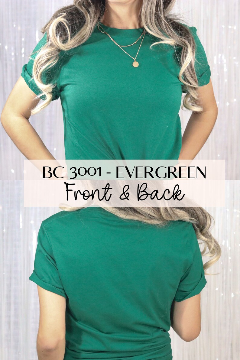 Pu&ograve; includere: Una maglietta verde con le maniche arrotolate. La maglietta &egrave; mostrata dal davanti e dal dietro. Il testo "BC 3001 - EVERGREEN Front & Back" &egrave; visualizzato sull'immagine.