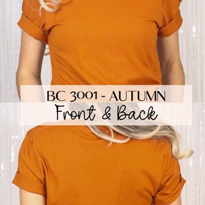 Pu&ograve; includere: Una t-shirt semplice di colore ruggine con le maniche arrotolate. La t-shirt &egrave; mostrata dal davanti e dal dietro. Il testo "BC 3001 - AUTUMN Front & Back" &egrave; visualizzato sull'immagine.