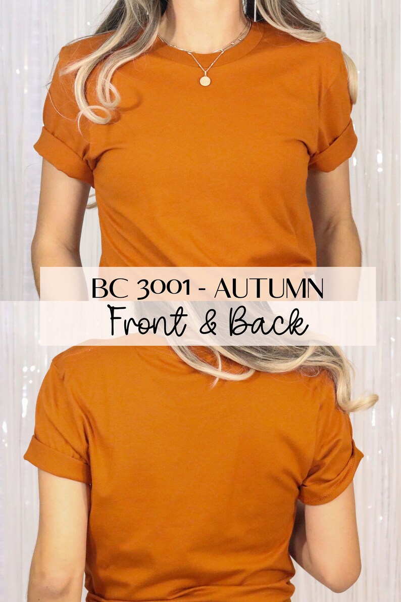Pu&ograve; includere: Una t-shirt semplice di colore ruggine con le maniche arrotolate. La t-shirt &egrave; mostrata dal davanti e dal dietro. Il testo "BC 3001 - AUTUMN Front & Back" &egrave; visualizzato sull'immagine.