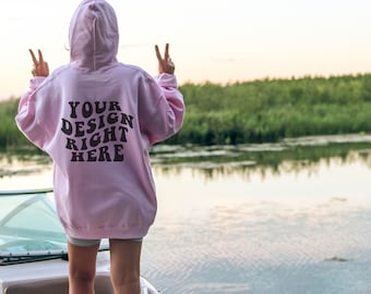 Light Pink Hoodie Mockup Light Pink Mockup Gildan 18500 Mockup Pink Hoodie Mockup Model Sunset Beach Water River Lake Oversized Lifestyle