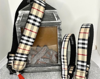 Beige/red or black tartan dog collar in pure cotton