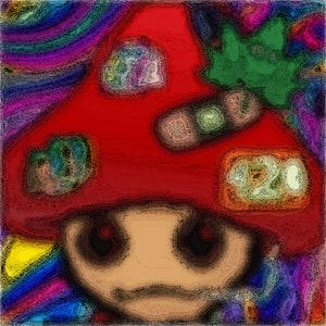 May include: A psychedelic illustration of a cartoon mushroom with a red cap and a brown face. The background is a swirling pattern of rainbow colours.
