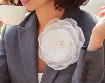 Large Organza Flower Brooch: White Pearl Hair Clip