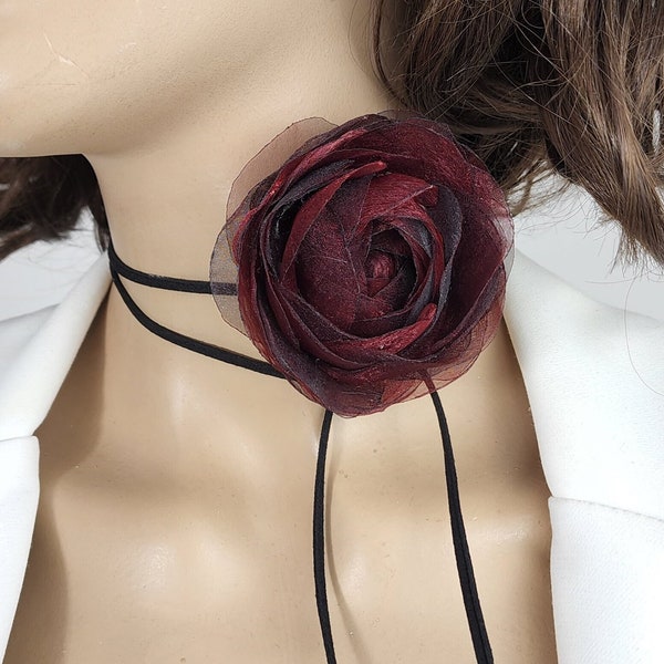 Burgundy rose flower choker necklace, red wine choker necklace, vintage choker dark red rose choker, Boho Flower, gift for her