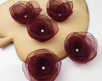 Burgundy Organza Rose Appliques: Sew-On Fabric Flowers - Set of 5