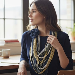 Recycled Denim Fiber Necklace: Handmade Layered Loop Scarf with Brooch