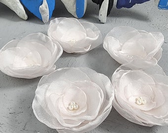 White Organza Rose Appliques: Sew-On Fabric Flowers, Set of 5