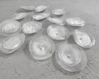 White Organza Flower Appliques: Sew-On Fabric Flowers, Set of 12