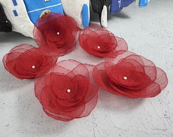 Red Organza Rose Flower Appliques: Sew-On Fabric Flowers, Set of 5