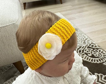 Bandeau fleur bébé, bandeau bébé au crochet, accessoire pour cheveux bébé fille, bandeau nouveau-né, bandeau fleur jaune pour bébé, cadeau bébé