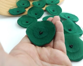 Green Organza Rose Appliques: Satin Fabric Flowers, Set of 15