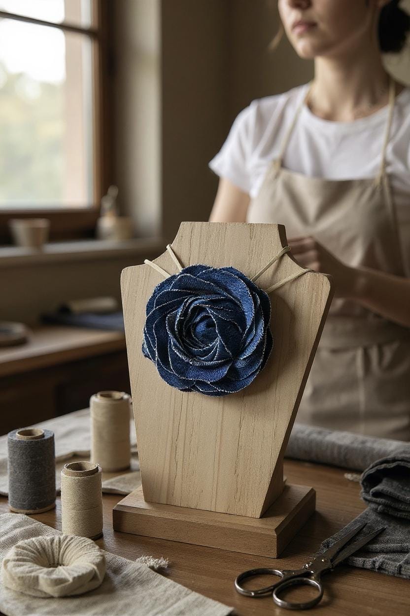 Bethynas Collana girocollo vintage con fiori in denim artificiale blu