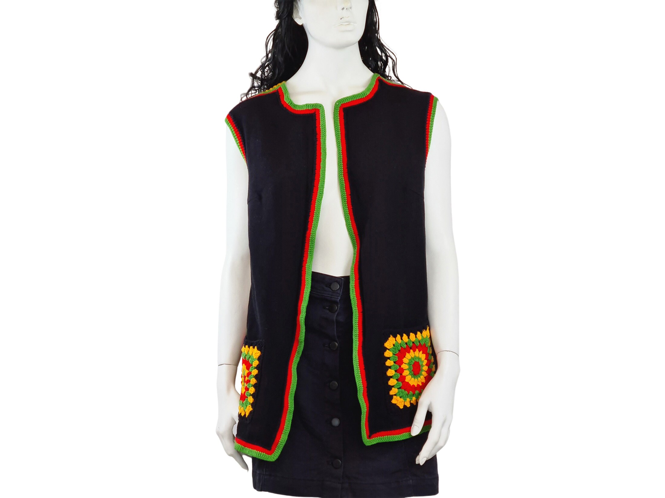 Black Vest, Ethnic Cardigan, Flannel Vest, Crochet Vest, Gift for Her
