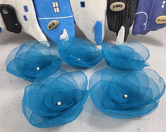 Blue Organza Rose Appliques: Sew-On Fabric Flowers, Set of 5
