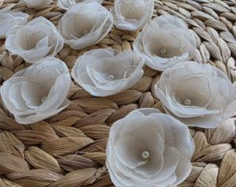 Cream Organza Flower Appliques: Sew-On Fabric Roses (Set of 12)