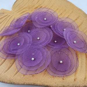 lavendar organza flowers, sew on flower appliques, dark violet rose flowers for crafts, fabric flowers, Set of 15
