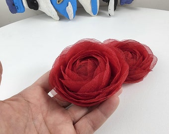 Red Organza Rose Flower Appliques: Sew-On Fabric Flowers, Set of 3