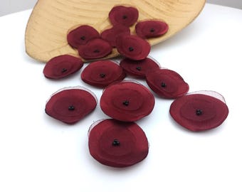 Burgundy Organza Flowers: Handmade Fabric Floral Appliques - Set of 15