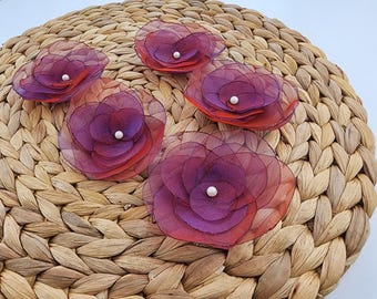 Maroon Organza Rose Appliques:  Fabric Flowers, Set of 5