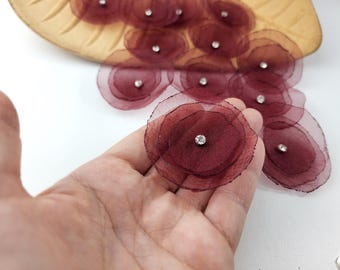 Burgundy Organza Flower Appliques: Red Wine Rose with Rhinestone (Set of 15)