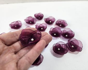 Burgundy Organza Flowers with Beads: Sew On Appliques, Set of 15