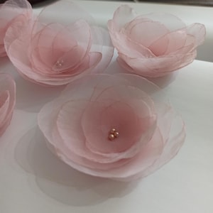 sheer voile flowers, Pink Organza Rose Flowers, sew on flower appliques, light pink  flowers for crafts, fabric flowers, Set of 6
