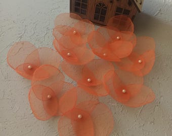 Orange Organza Flower Appliques: Sew-On Fabric Flowers, Set of 10