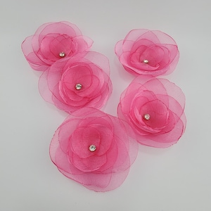 Pink organza rose flowers, sew on flower appliques, deep pink  flowers for crafts, fabric flowers, Set of 5