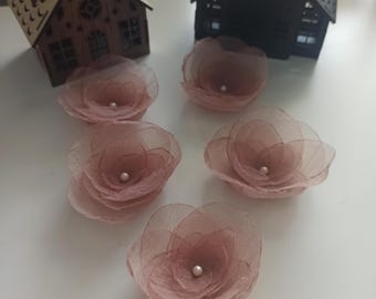 Mocha Organza Rose Appliques:  Fabric Flowers, Set of 5