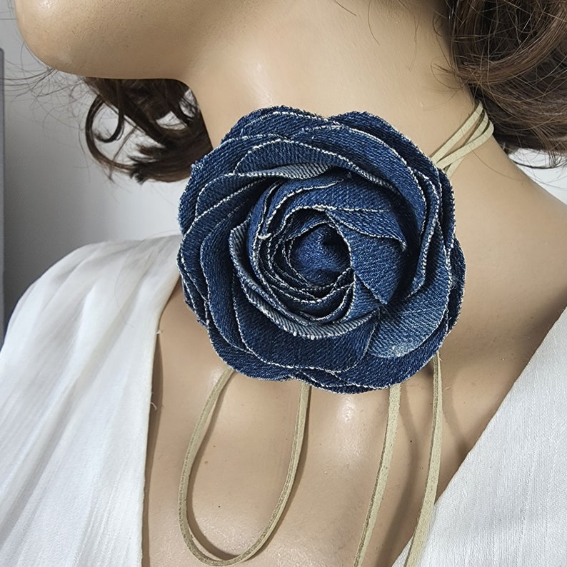 Upcycled Denim Rose Choker Necklace: Boho Jean Flower, Leather Tie - Etsy