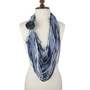 Blue denim scarf necklace, textile statement necklace, recycled jeans fiber necklace, festival scarf, layered Necklace, loop scarf