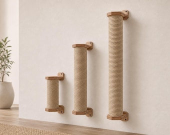 Small Wall Mounted Cat Scratcher, 10 Inch Natural Sisal Post, Birch Plywood, Round or Hex