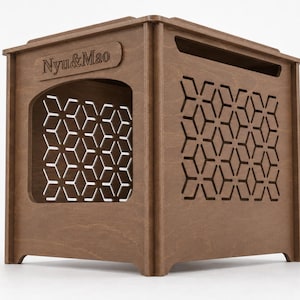 May include: A brown wooden pet house featuring a laser-cut geometric pattern on the side panels and a large arched opening on the front. The text Nyu&Mao is engraved into the upper front panel of the structure, which has a flat top surface.