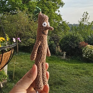 Puede incluir: Una figura de palo de crochet marrón con una hoja verde en la cabeza y ojos blancos. La figura está siendo sostenida por una mano en un entorno de jardín.