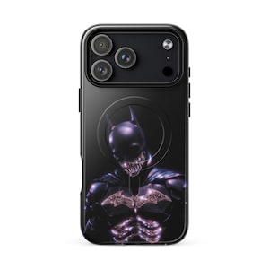 May include: Black phone case featuring a stylized Batman design. The artwork depicts Batman with a skeletal appearance and a bat symbol on the chest. The case has a glossy finish and a camera module.