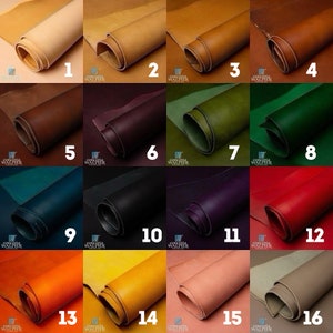 Puede incluir: Una colecci&oacute;n de 16 muestras de cuero en varios colores, incluyendo natural, marr&oacute;n, verde, azul, negro, morado, rojo, naranja, amarillo, rosa y gris. Cada muestra est&aacute; enrollada y etiquetada con un n&uacute;mero del 1 al 16.