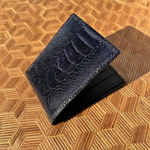 Cartera de cuero de avestruz hecha a mano, billetera plegable, billetera de cuero de grano completo, billetera Buttero