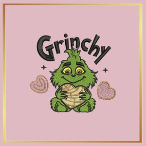 May include: Grinchy text with a green, furry, cartoon Grinch holding a heart-shaped cookie. Two pink heart-shaped cookies are on either side of the Grinch.