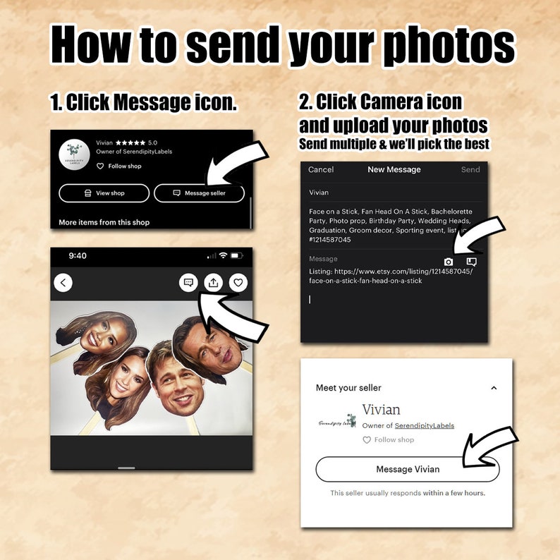 May include: A screenshot of a mobile phone showing how to send photos to an Etsy seller. The screen shows a message icon, a camera icon, and a message box with the text "Send multiple & we'll pick the best".