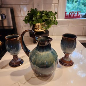 Vintage Bill Campbell Signed Studio Art Pottery Pitcher and Goblets, Set of 3