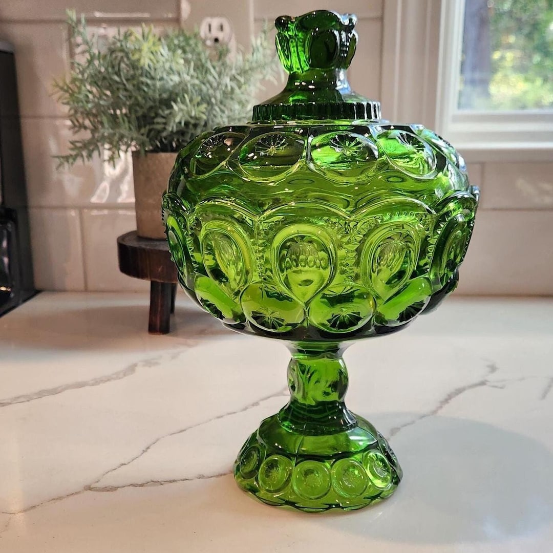 Vintage LE Smith Moon and Stars Green Glass Compote Etsy