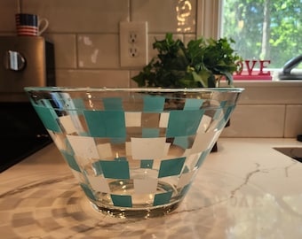 Vintage Anchor Hocking Turquoise and White Checkered Glass Chip Bowl