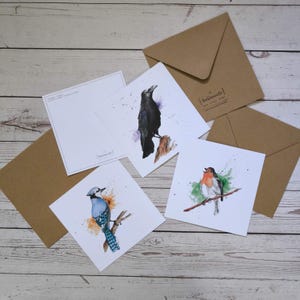 Carte carrée oiseau : corbeau, geai bleu ou rouge-gorge, format 15 x 15 cm - d'après aquarelle originale