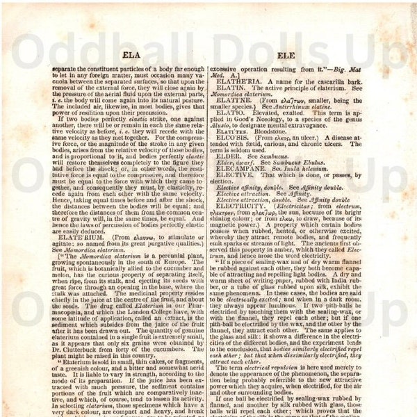 Buchstabe E druckbare Wörterbuch-Seite | 1843 Hoopers Medizinisches Wörterbuch | Elaterium Elcosis Elektrizität | Sofort Download