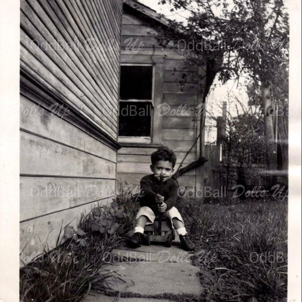 Child in yard with wagon | Instant Digital Download Vintage Photograph