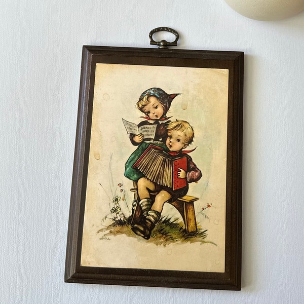 Children Playing Accordion | Vintage Hummel Wooden Wall Decor Plaque