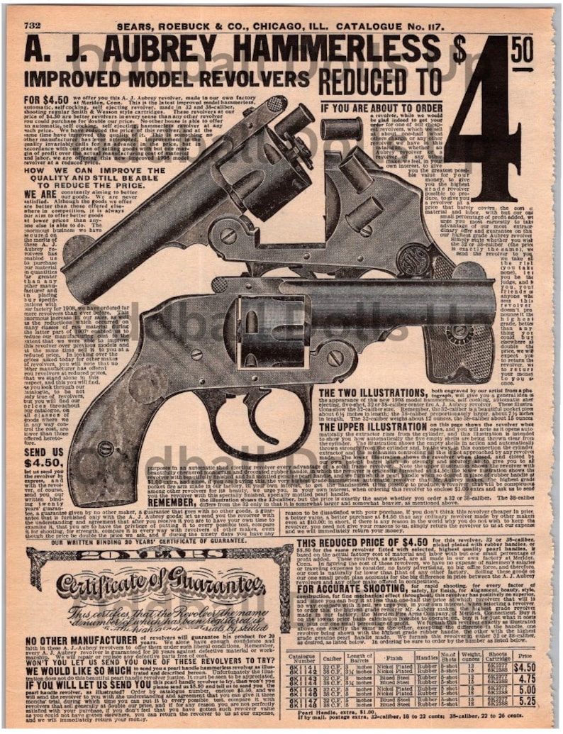 A.J. Aubrey Hammerless Revolver Printable Catalog Page Instant Download