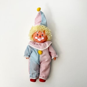 Vintage 1980s Clown Baby Doll: Pink & Blue Suit, 10&quot;