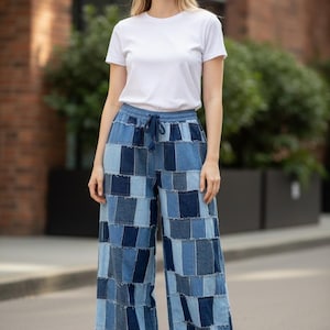 Handgjorda patchwork-denim cargobyxor med vida ben, återvunna jeans, specialanpassade omarbetade boho-denimbyxor, originell design, miljövänlig