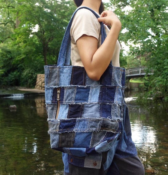 Upcycled Blue and Patchwork Denim Tote Bag With Extra Zippers